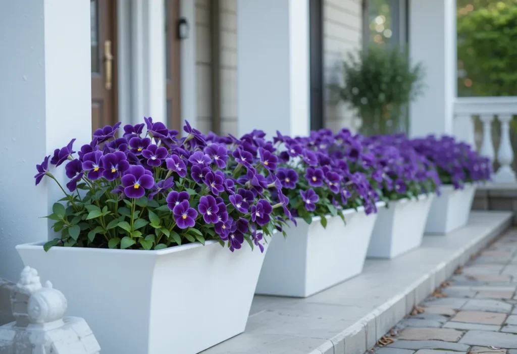 Purple pansies in white minimalist pots on a modern and elegant front porch.