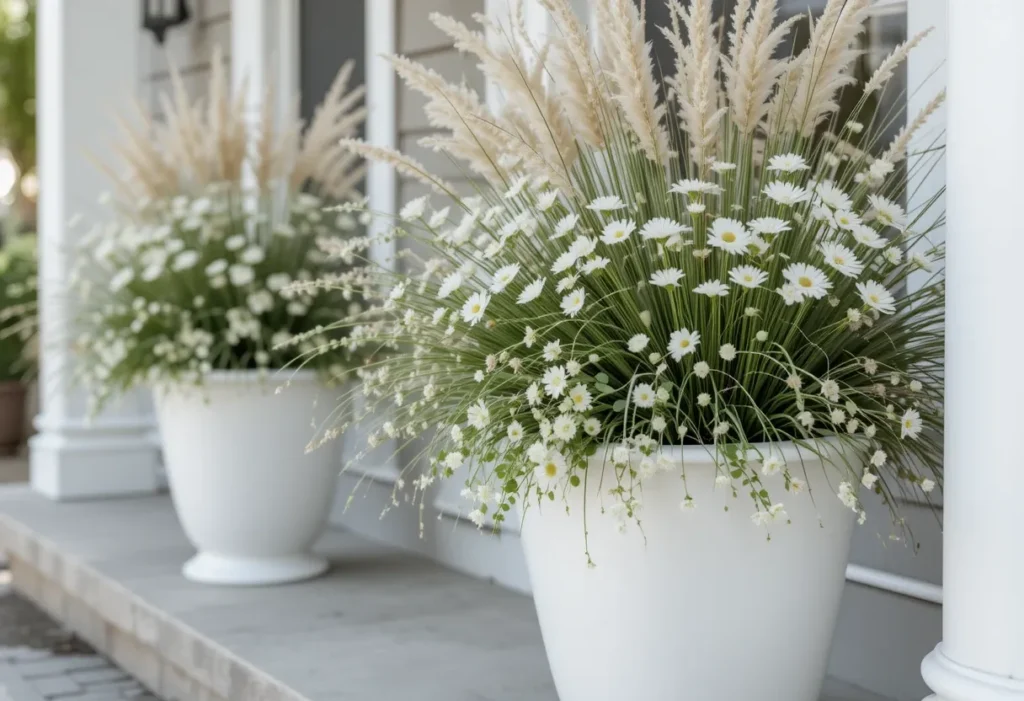 White pots with grasses and flowers creating a calm, airy look on a contemporary porch.