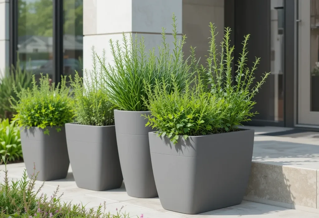 Rosemary and cilantro growing in simple, modern pots on a clean-lined porch.