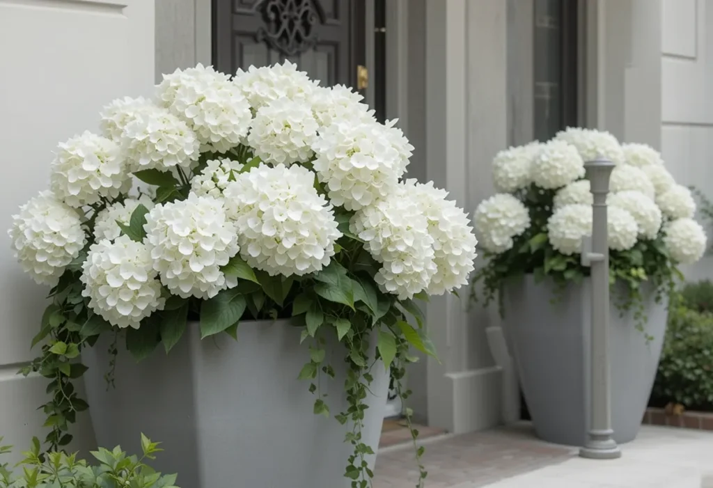 White hydrangeas in modern pots with greenery on a stylish front porch.
