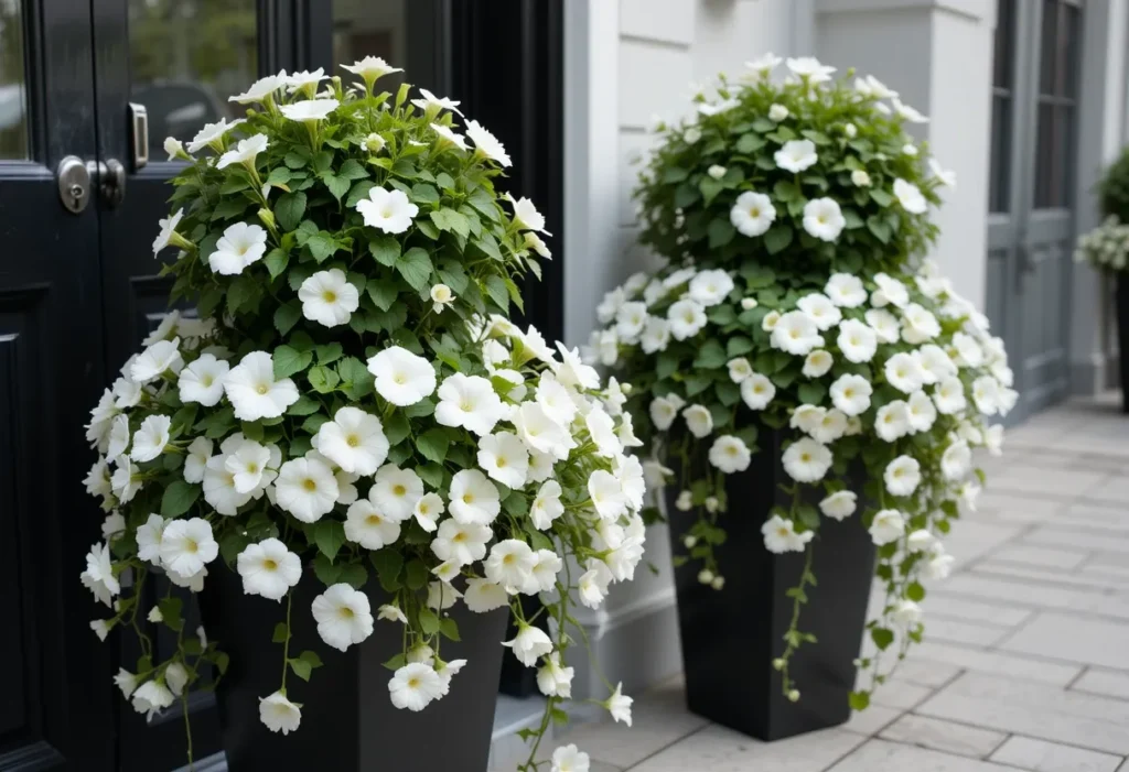 White petunias in black minimalist pots with trailing vines on a bold, modern porch.
