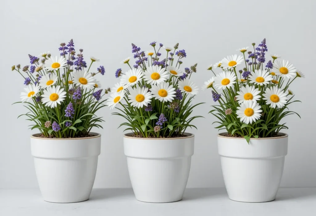 Modern pots with white daisies and purple flowers on a clean and neutral porch.
