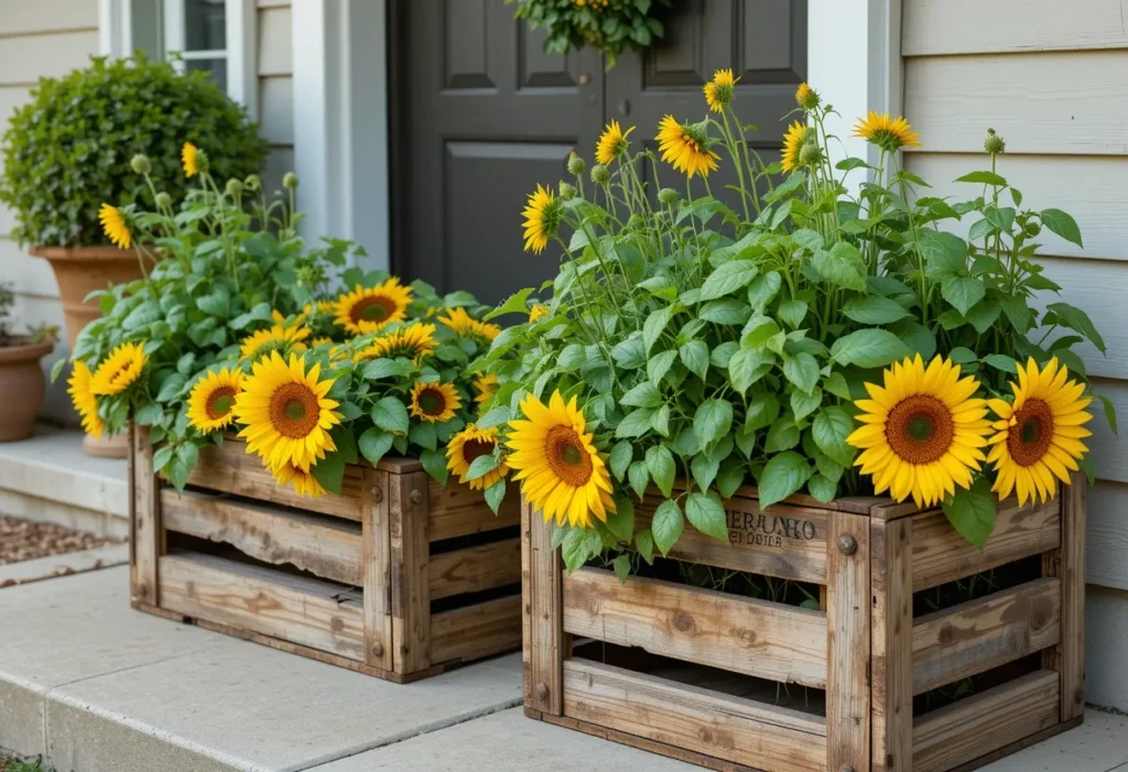 Rustic wooden crate planters with sunflowers and basil next to a country-style porch.