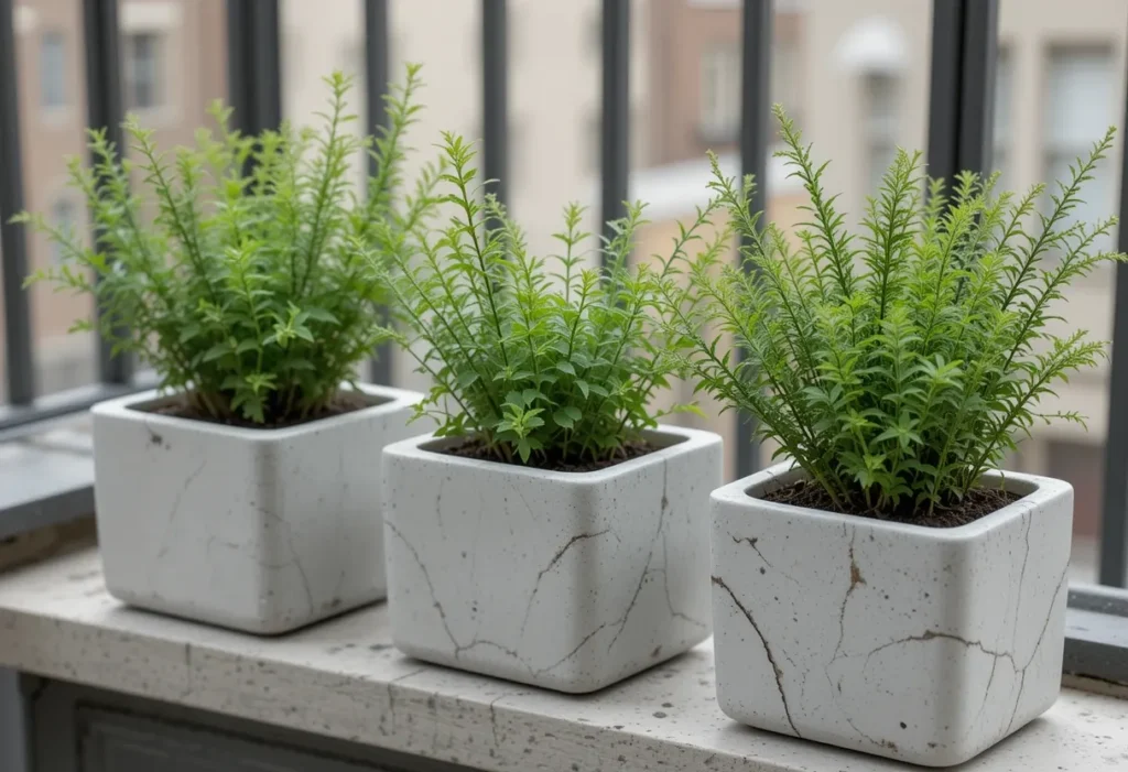 Concrete herb planters with thyme and rosemary on a small urban porch.