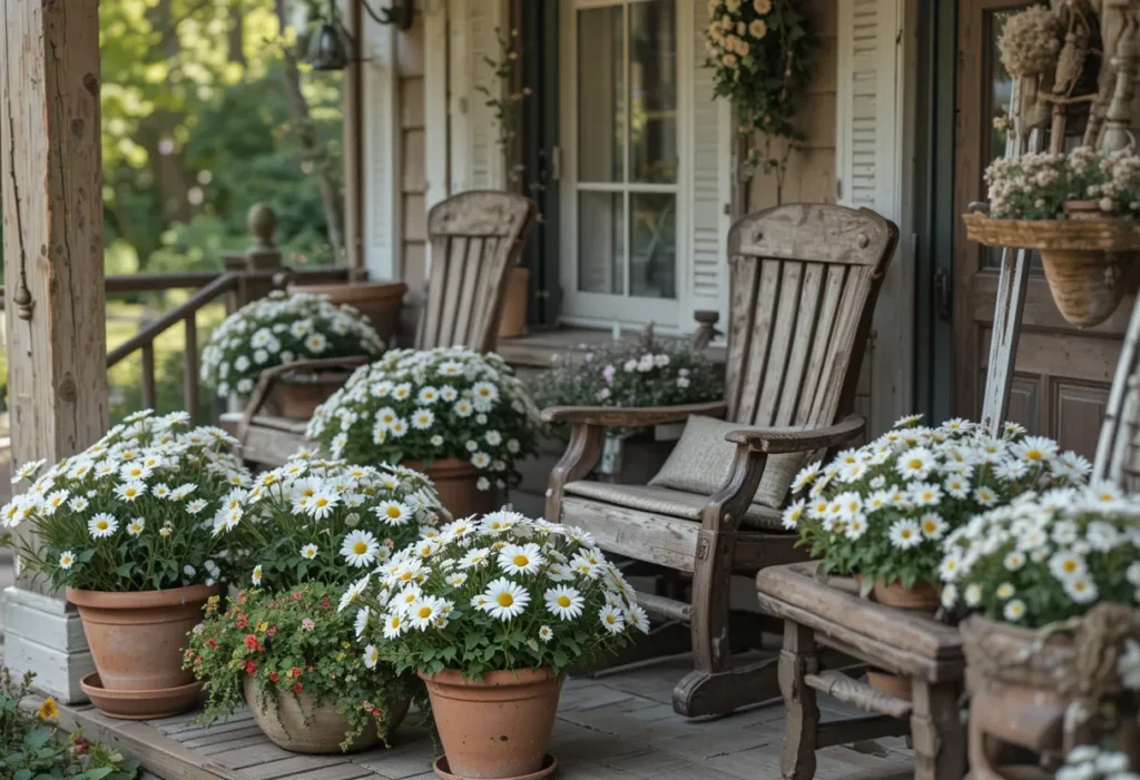 Rustic porch decorated with clay pots full of white daisies and vintage charm.