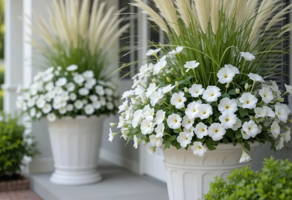 White petunias and tall grasses in large pots creating movement on a stylish porch.