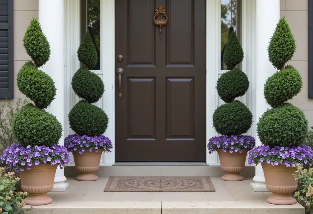 Topiary and purple pansies in matching pots on a neat and elegant front porch.