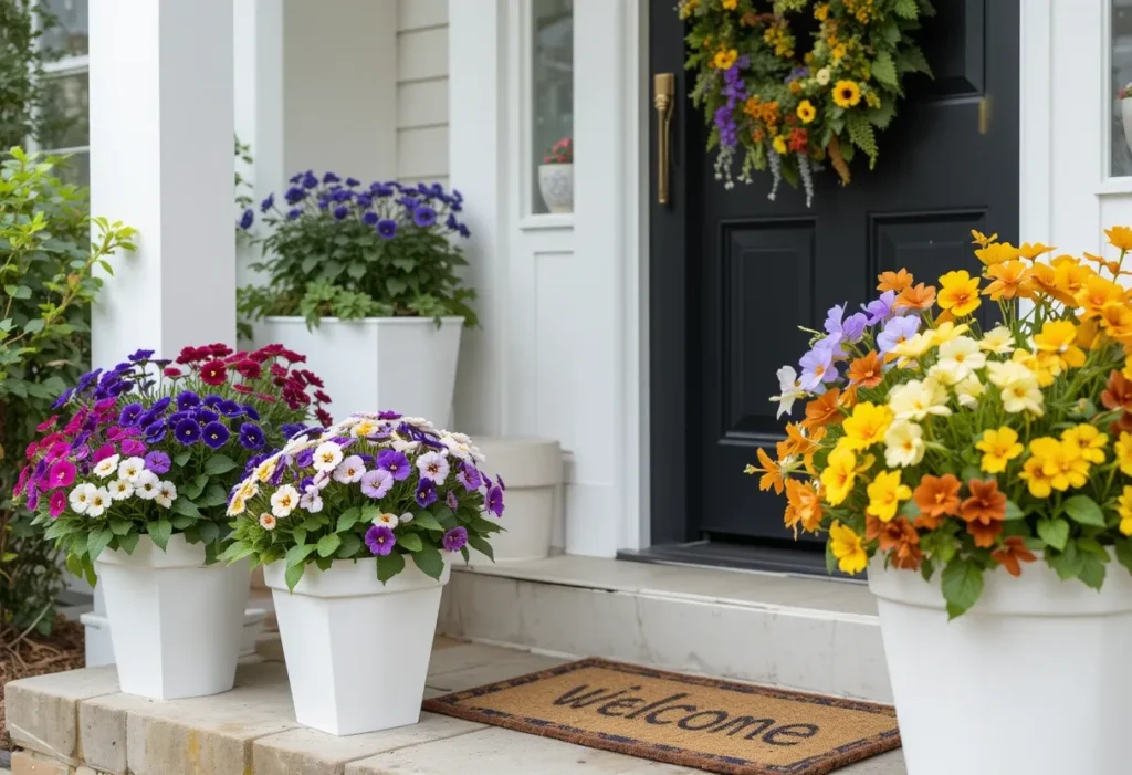 White pots with colorful pansies on a fresh and cheerful contemporary porch.