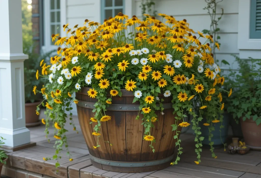 Wooden barrel planter filled with black-eyed Susans and greenery on a cozy front porch.
