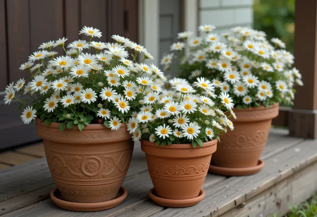 White daisies in rustic clay pots surrounded by soft green leaves on a front porch.
