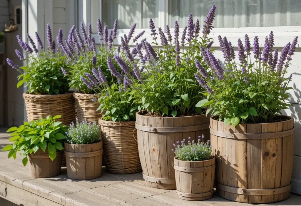 Lavender and herbs planted in rustic woven and wooden pots on a farmhouse-style porch.