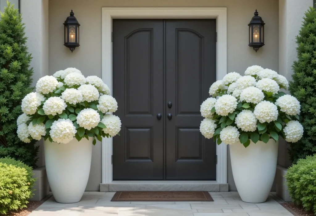 Elegant white hydrangeas in sleek modern pots on a serene, light-colored porch.