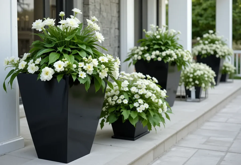 Modern black and white flower pots with white blooms and green leaves on a front porch.