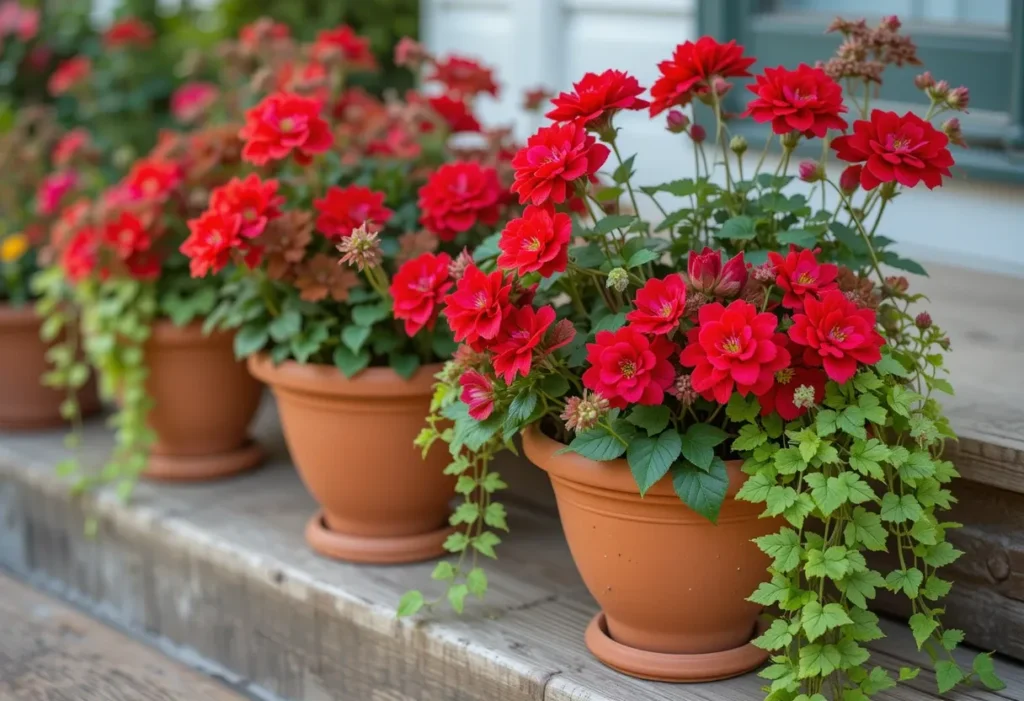 Red geraniums blooming in terracotta pots with vines on a cheerful, rustic porch.