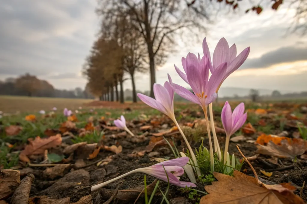 26 Beautiful September Flowers for a Colorful Fall Garden 25 ink and lavender autumn crocus (colchicum) flowers blooming in September.