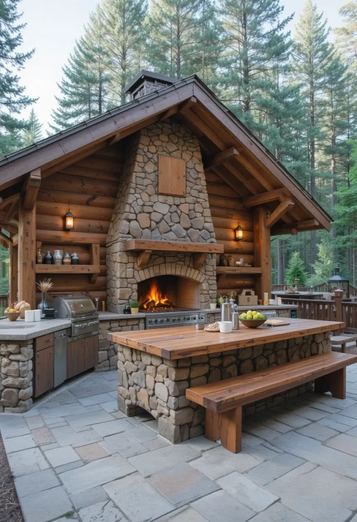 25 Rustic Outdoor Kitchen Styles for Every Backyard Setting 2 Alpine-inspired rustic outdoor kitchen with stone fireplace, reclaimed wood seating, and cozy mountain retreat style.