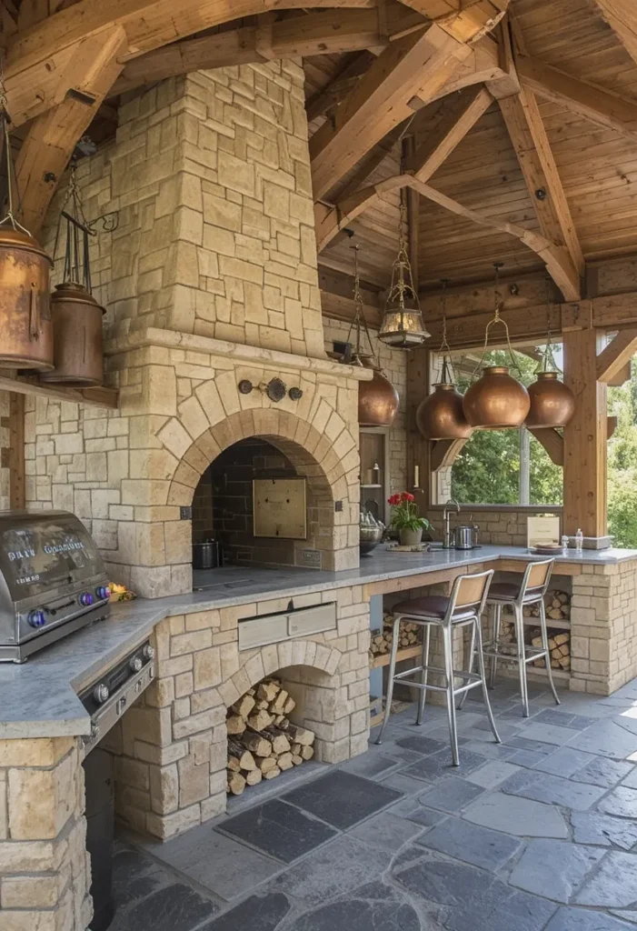 25 Rustic Outdoor Kitchen Styles for Every Backyard Setting 11 Homestead rustic outdoor kitchen with wood-fired oven, copper pots, and stone floor.