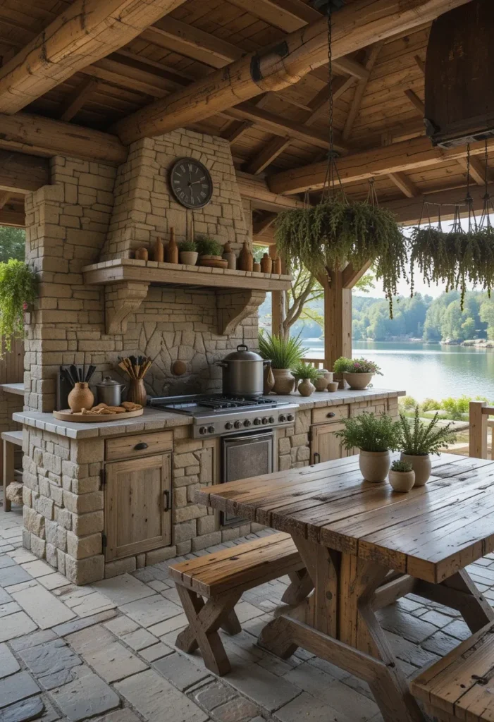 25 Rustic Outdoor Kitchen Styles for Every Backyard Setting 12 Lakeside rustic outdoor kitchen with stone cooking station, timber table, and dried herbs décor.