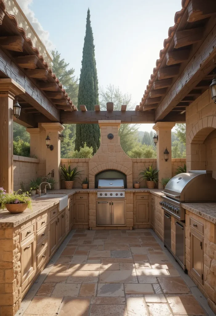 25 Rustic Outdoor Kitchen Styles for Every Backyard Setting 13 Mediterranean rustic outdoor kitchen with terracotta tiles, clay oven, and wood beams.