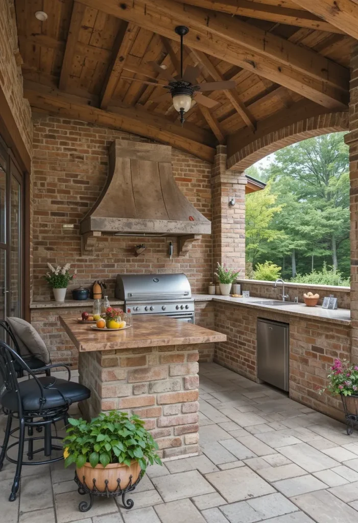 25 Rustic Outdoor Kitchen Styles for Every Backyard Setting 14 Rustic open-air brick outdoor kitchen with wooden bar, iron details, and herb plants.