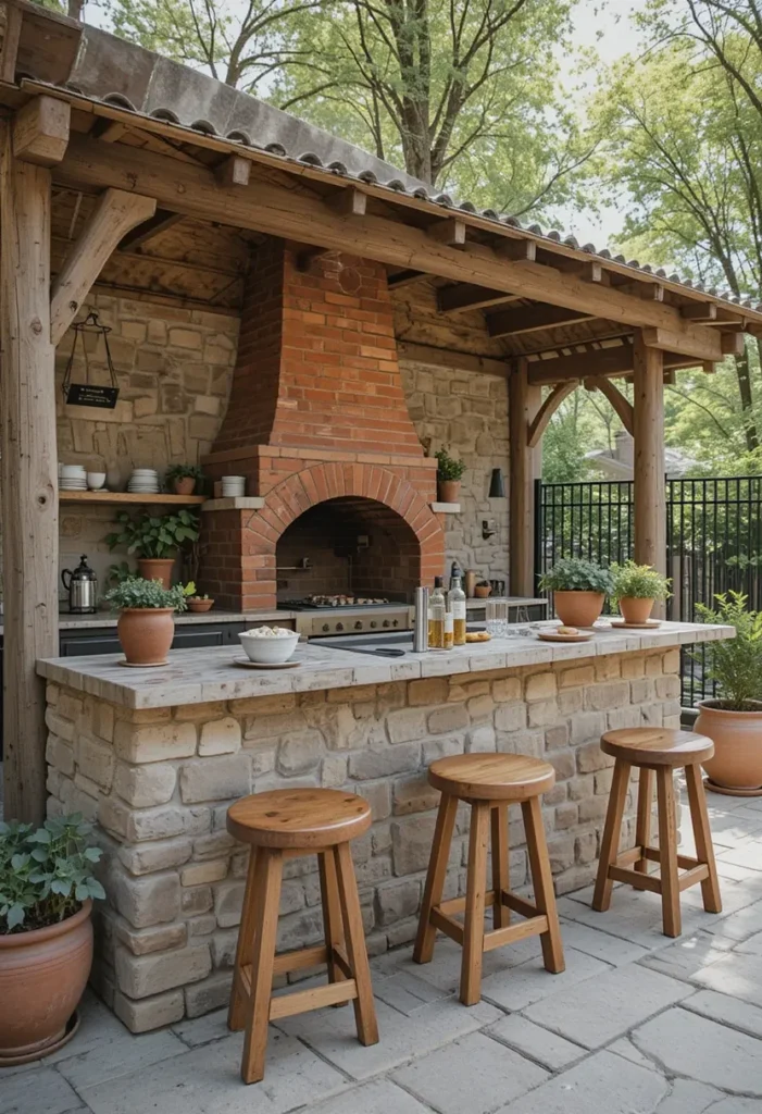 25 Rustic Outdoor Kitchen Styles for Every Backyard Setting 15 Rustic outdoor kitchen with brick pizza oven, wooden stools, and terracotta herb pots.