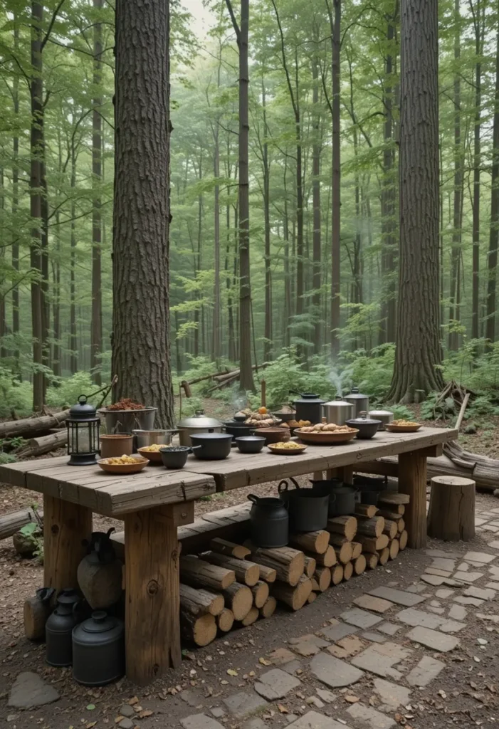 25 Rustic Outdoor Kitchen Styles for Every Backyard Setting 16 Forest retreat rustic outdoor kitchen with log table, lantern lighting, and cast iron cookware.