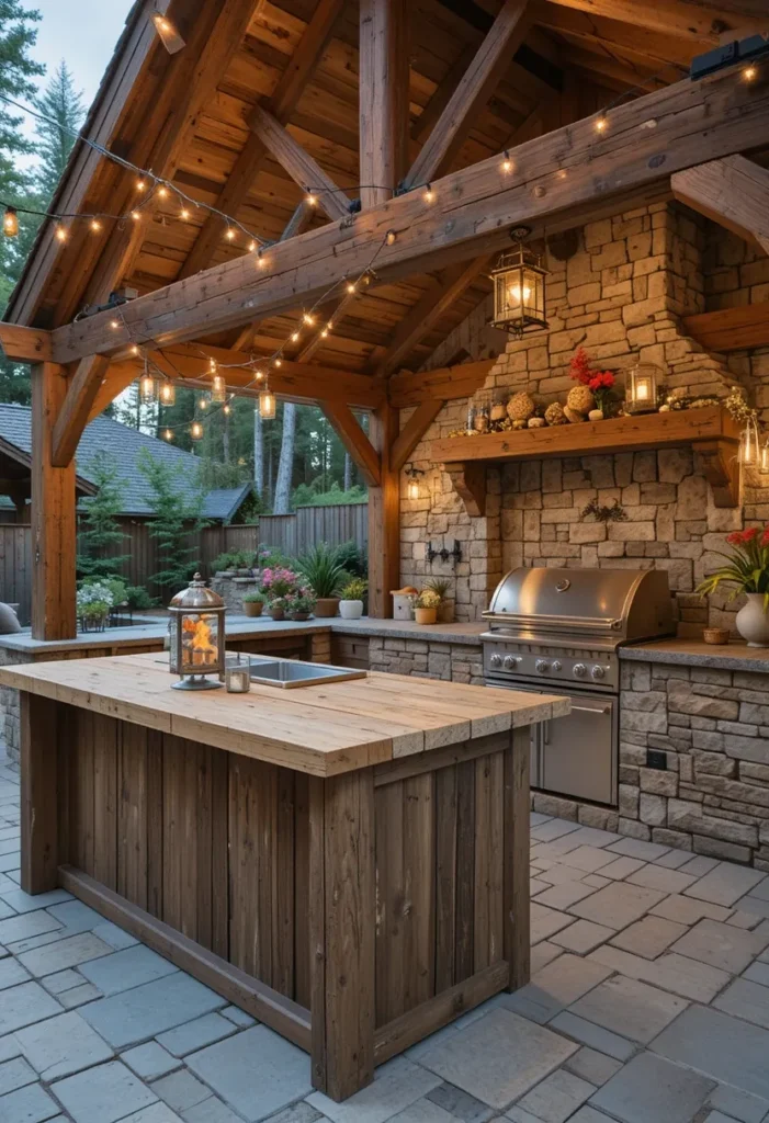 25 Rustic Outdoor Kitchen Styles for Every Backyard Setting 17 Barnwood and stone rustic outdoor kitchen with string lights and reclaimed wood design.