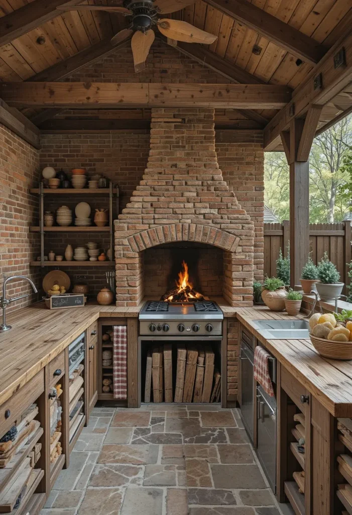 25 Rustic Outdoor Kitchen Styles for Every Backyard Setting 18 Rustic outdoor kitchen with aged brick oven, reclaimed wood counters, and ceramic dishware.