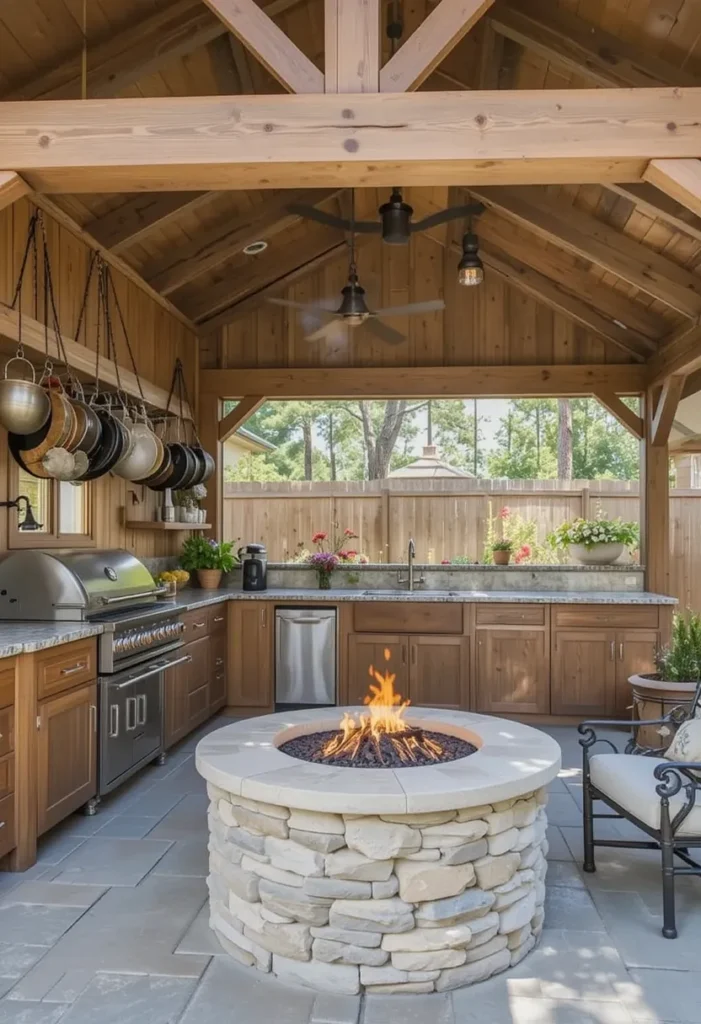 25 Rustic Outdoor Kitchen Styles for Every Backyard Setting 19 Rustic barn-style outdoor kitchen with wooden cabinets, iron racks, and firepit centerpiece.