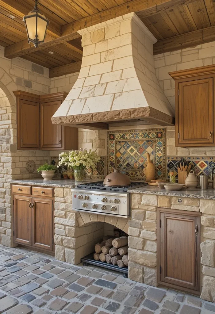 25 Rustic Outdoor Kitchen Styles for Every Backyard Setting 20 Cobblestone rustic outdoor kitchen with wood cabinets and ceramic tile accents.