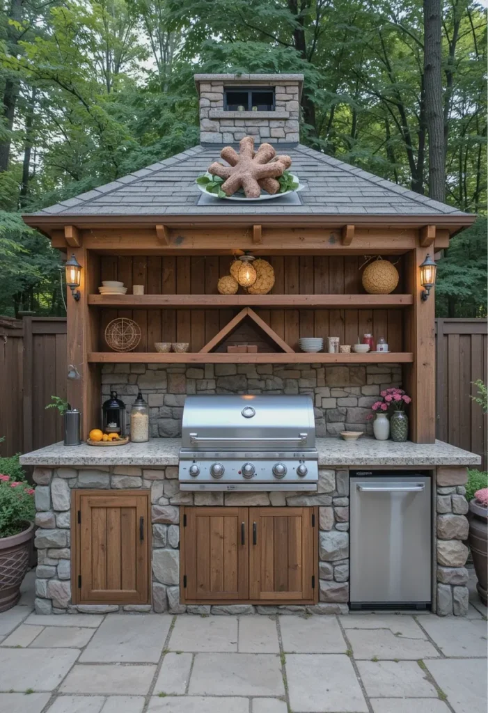 25 Rustic Outdoor Kitchen Styles for Every Backyard Setting 3 Rustic backyard outdoor kitchen with stone grill station, wooden shelves, and string lights.