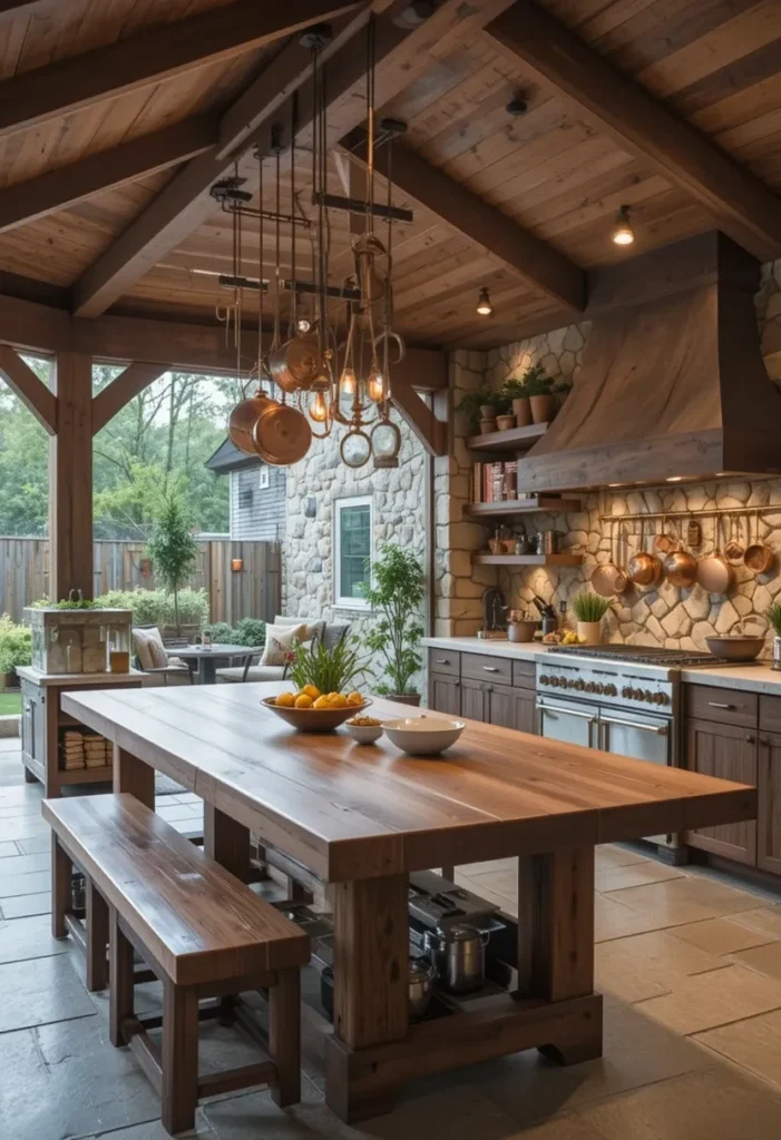 25 Rustic Outdoor Kitchen Styles for Every Backyard Setting 21 Farmhouse rustic outdoor kitchen with large dining table, copper cookware, and rock backsplash.