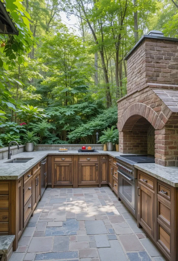 25 Rustic Outdoor Kitchen Styles for Every Backyard Setting 22 Rustic outdoor kitchen with reclaimed wood cabinets, stone counters, and brick pizza oven in a garden setting.