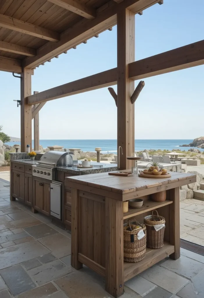 25 Rustic Outdoor Kitchen Styles for Every Backyard Setting 23 Seaside rustic outdoor kitchen with driftwood accents, stone floors, and wooden prep station by the ocean.