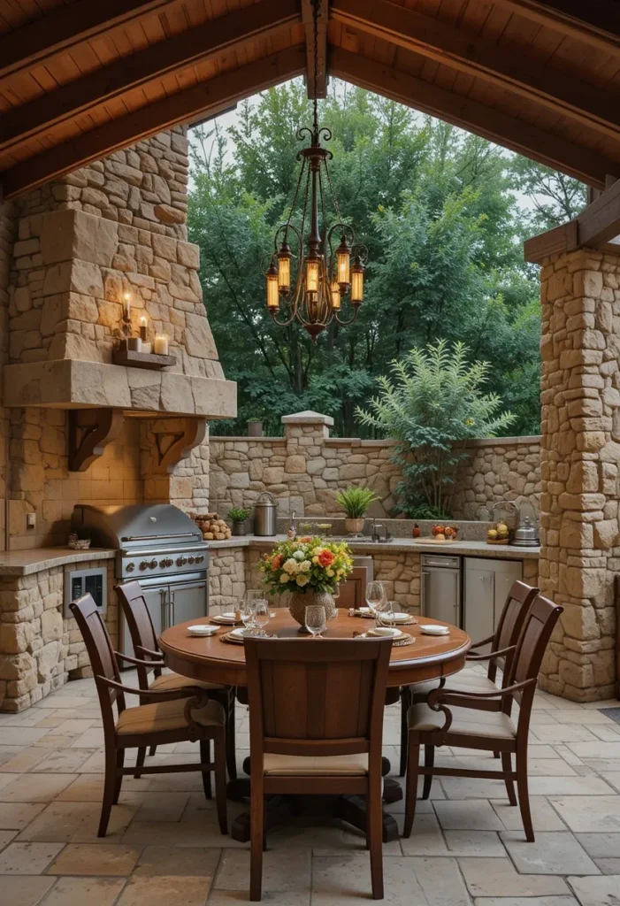 25 Rustic Outdoor Kitchen Styles for Every Backyard Setting 24 Rustic Tuscan outdoor kitchen with stone walls, iron chandelier, and wooden dining set.