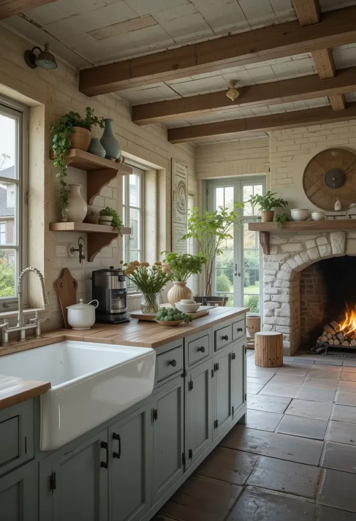 25 Rustic Outdoor Kitchen Styles for Every Backyard Setting 25 Vintage-style rustic outdoor kitchen with farmhouse sink, wooden shelves, and fireplace.