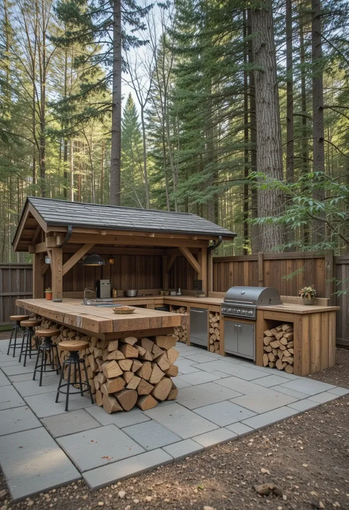 25 Rustic Outdoor Kitchen Styles for Every Backyard Setting 26 Woodsy rustic outdoor kitchen with wooden bar, firewood stacks, and built-in grill.
