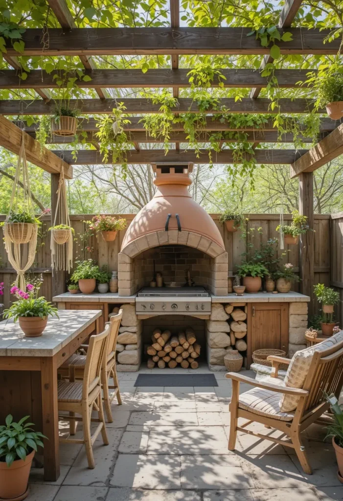 25 Rustic Outdoor Kitchen Styles for Every Backyard Setting 4 Rustic bohemian outdoor kitchen with clay oven, wood furniture, and macrame plant décor.