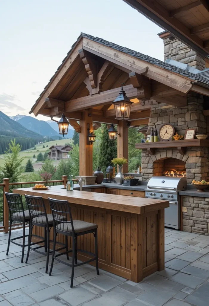 25 Rustic Outdoor Kitchen Styles for Every Backyard Setting 5 Chalet-style rustic outdoor kitchen with wood bar, stone fireplace, and warm lantern lights.