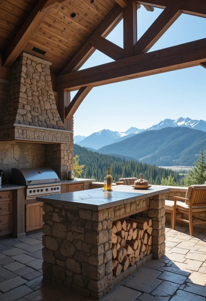 25 Rustic Outdoor Kitchen Styles for Every Backyard Setting 6 Scenic mountain rustic outdoor kitchen with stone island, metal accents, and stunning view.