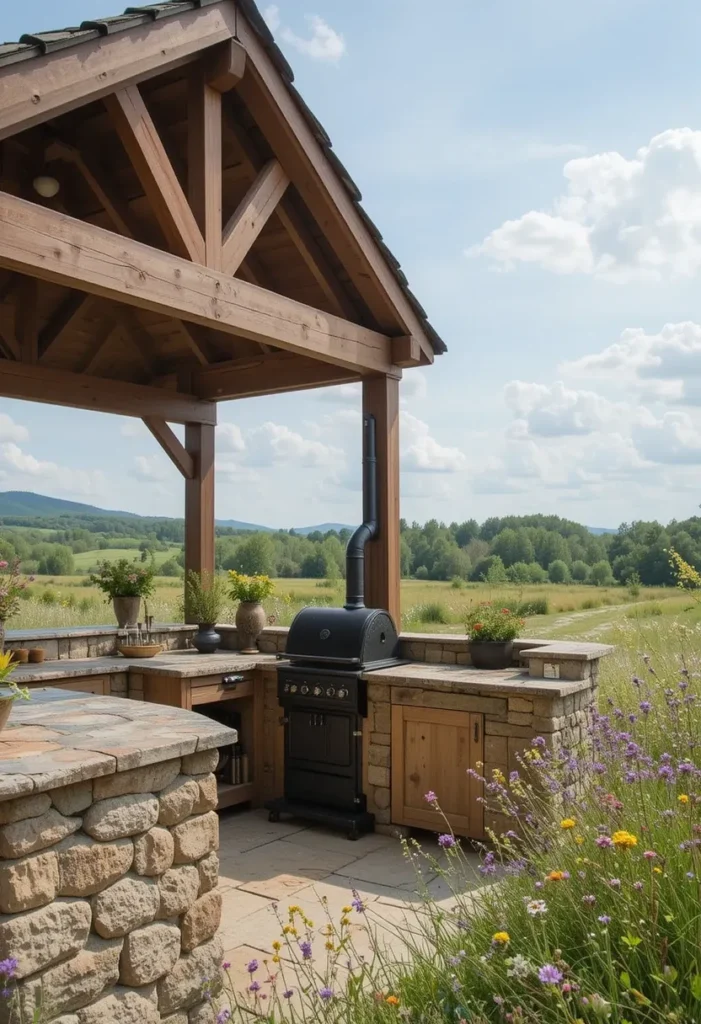 25 Rustic Outdoor Kitchen Styles for Every Backyard Setting 7 Countryside rustic outdoor kitchen with timber roof, stone counters, and vintage cast iron stove.
