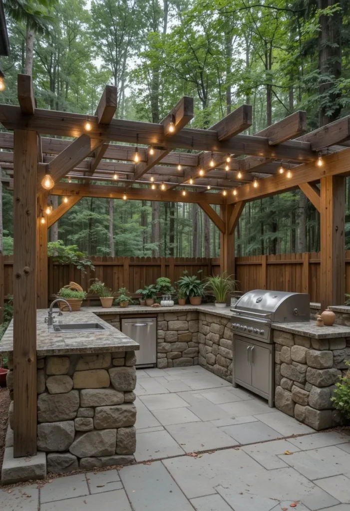 25 Rustic Outdoor Kitchen Styles for Every Backyard Setting 8 Cozy rustic outdoor kitchen with wooden pergola, Edison bulbs, and stone grill in a wooded backyard.