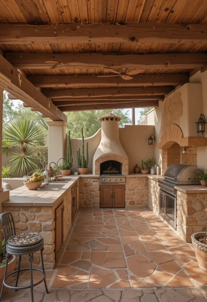 25 Rustic Outdoor Kitchen Styles for Every Backyard Setting 9 Desert-inspired rustic outdoor kitchen with adobe walls, terracotta tiles, and cacti.