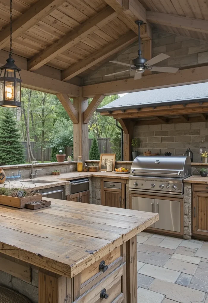 25 Rustic Outdoor Kitchen Styles for Every Backyard Setting 10 Farmhouse-style rustic outdoor kitchen with distressed wood counters, vintage lanterns, and BBQ grill.