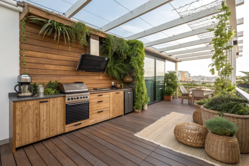 Eco-friendly deck kitchen with bamboo deck, vertical garden, and solar appliances.