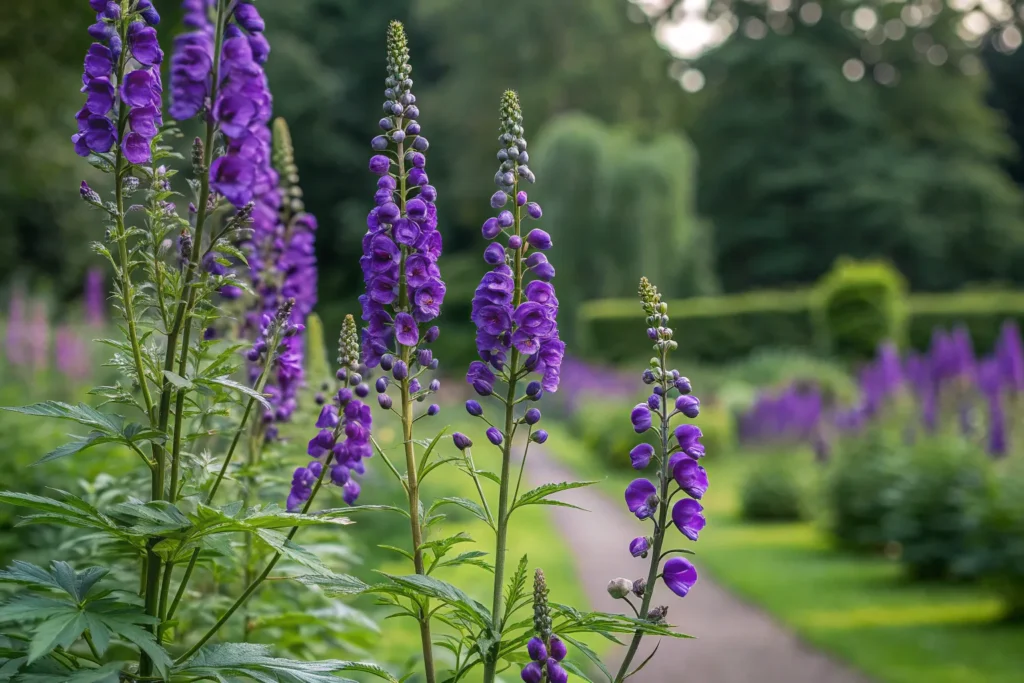 26 Beautiful September Flowers for a Colorful Fall Garden 26 Purple monkshood flowers blooming on tall stems in September.