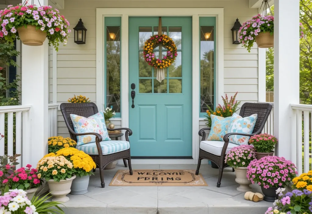 26 Spring Porch Decorating Ideas to Refresh Your Front Porch This Season 1 Spring porch with flowers, pillows, and decorations creating a happy and colorful outdoor space.