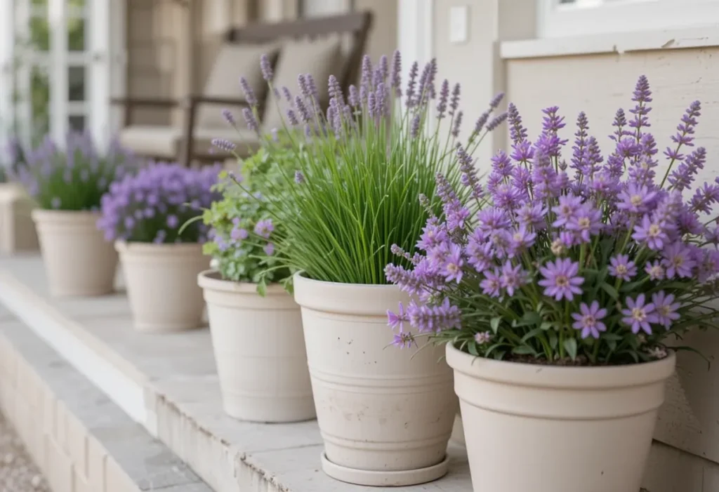 26 Spring Porch Decorating Ideas to Refresh Your Front Porch This Season 11 Tranquil spring porch with chives and purple blooms in neutral-colored pots, adding soft greenery and color.
