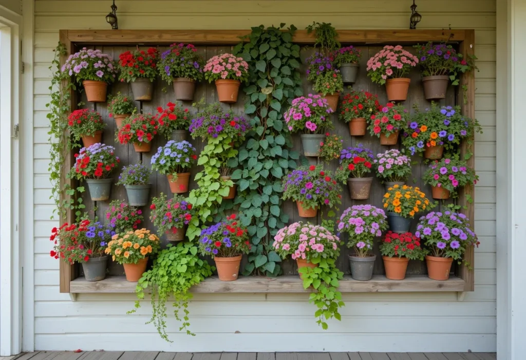 26 Spring Porch Decorating Ideas to Refresh Your Front Porch This Season 12 Spring vertical garden wall with hanging pots full of colorful flowers like petunias and ivy on a small porch.