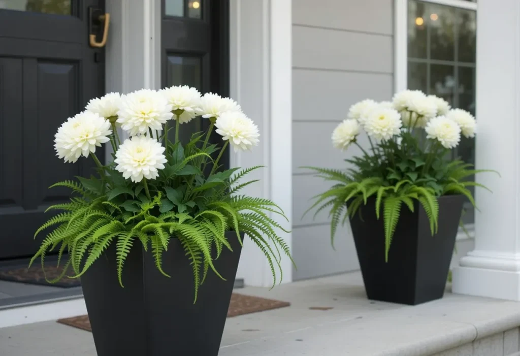 26 Spring Porch Decorating Ideas to Refresh Your Front Porch This Season 13 Chic porch with white ranunculus in black and white planters, surrounded by ferns for a fresh modern look.